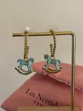 Les Néréides Rocking Horse Earrings Blue Carousel Charm Gold Hoop